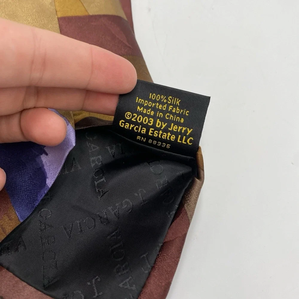 2003 J Garcia‎ Mens Satin 100% Silk Alligator Works Neck Tie Brown Red Gold